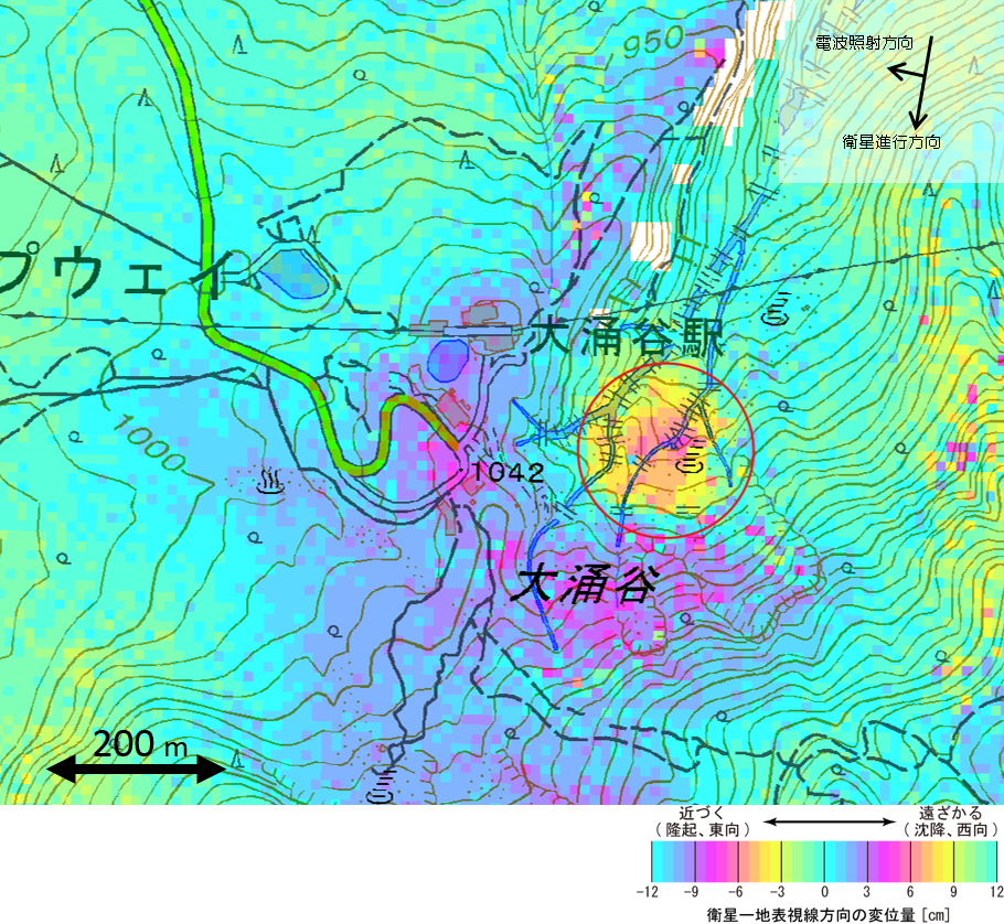 Deformation at Hakone volcano (Owakudani valley in circle) during 7-21 May based on interference SAR data (GSI)