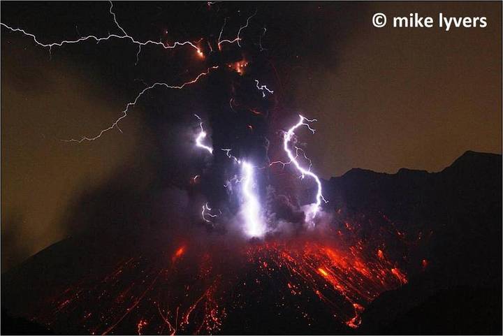Sakurajima volcano during a strong eruption with lightning