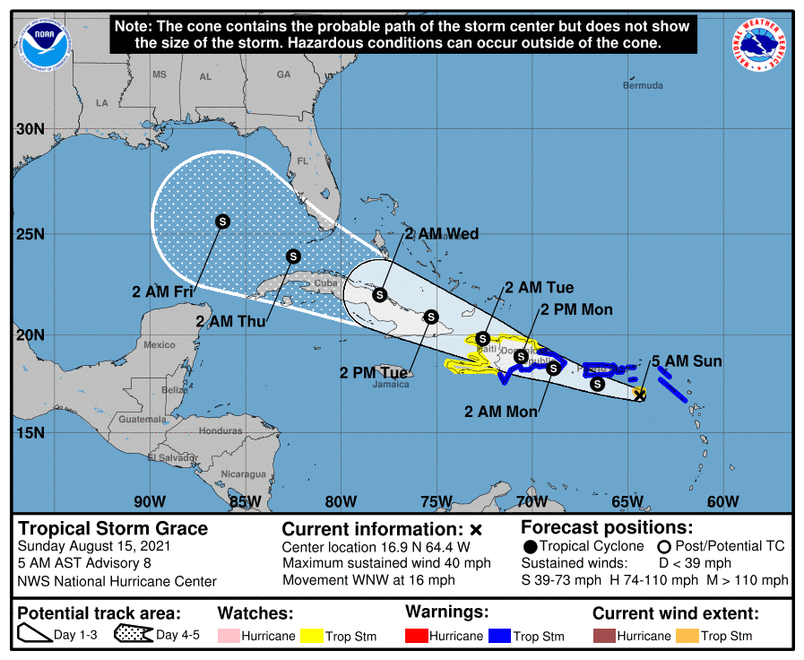 Forecasted path of Tropical Storm Grace