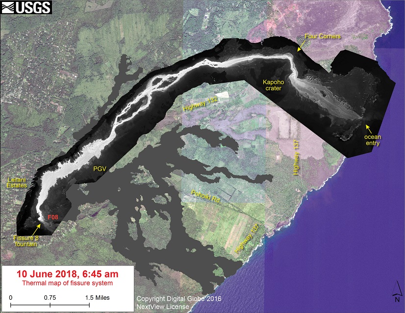 This thermal map shows the fissure system and lava flows as of 6:45 am on Sunday, June 10. The flow from Fissure 8 remains very active, its lava entering the ocean at a single entry point in Kapoho. The black and white area is the extent of the thermal map. Temperature in the thermal image is displayed as gray-scale values, with the brightest pixels indicating the hottest areas. (HVO/USGS)
