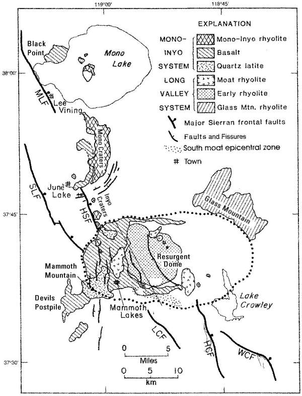 Simplified geologic map for Long Valley Caldera and the Mono-Inyo Craters volcanic chain (based on Bailey, 1989) CD, Casa Diablo; HC Hot Cree; HCF Hiloton Creek Fault; HSF, Hartley Springs Fault; LCF, Laurel Creek Fault; MLF, Mono Lake Fault; SLF, Silver Lake Fault; WCF, Wheeler Crest Fault. (source: USGS)