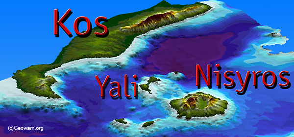 Threedimensional image of the caldera of Cos with its volcanoes Yali & Nisyros