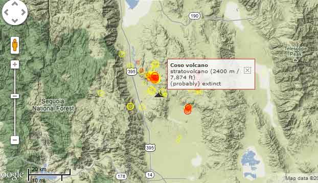 Location of recent quakes in the Coso volcanic field (red=past 48 hours, yellow=past week)