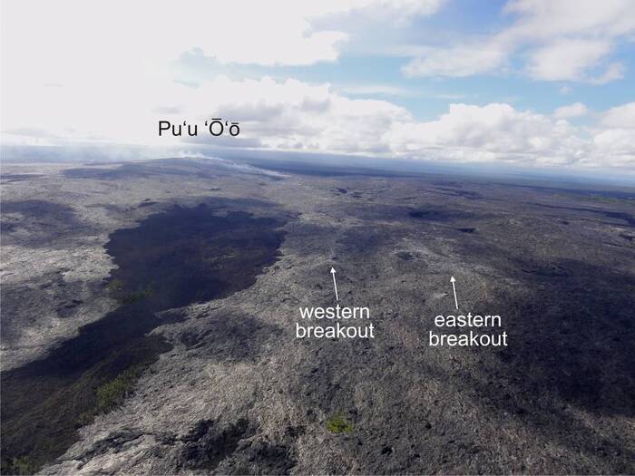 Visible image from USGS-HVO of new lava flow breakouts from the partially collapsed lava tube downstream of Pu‘u ‘Ō‘ō on September 4, 2012.