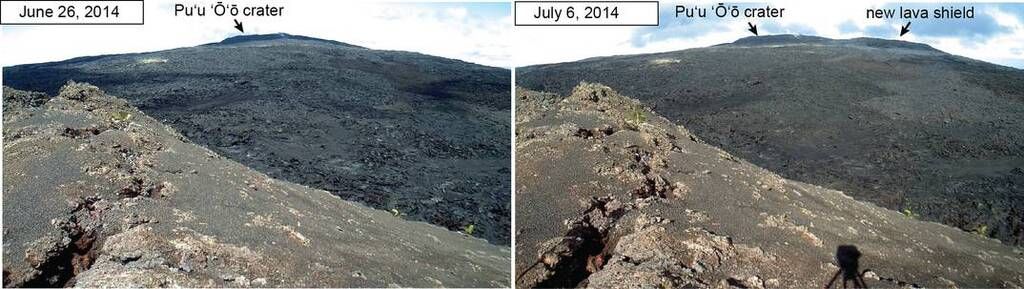 This before and after comparison from the USGS webcam east of Puʻu ʻŌʻō shows the dramatic change to the skyline that this new lava shield has created.