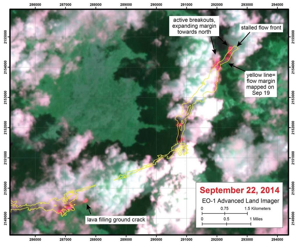 NASA satellite image of the flow area provided by USGS-HVO, showing "hot" areas widening the lava flow field on September 22, 2014.