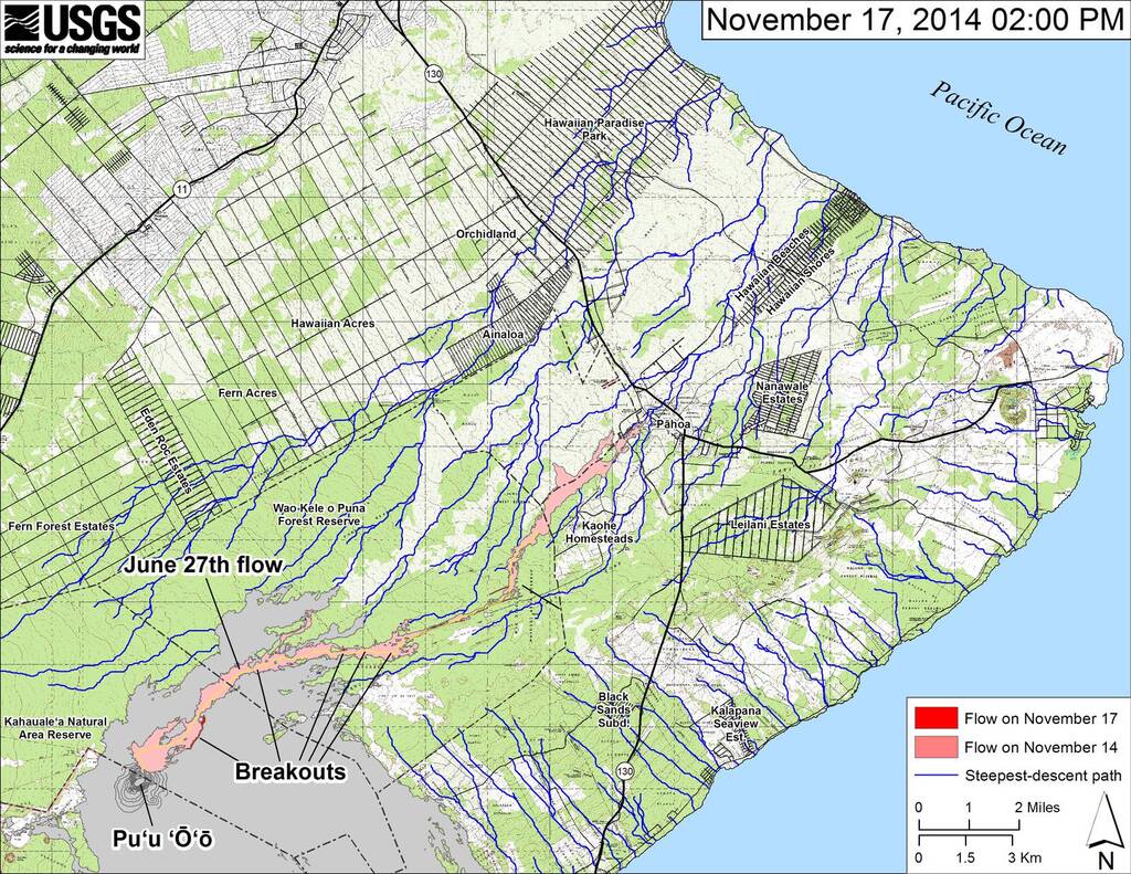USGS-HVO update map showing breakout locations from lava tube relative to recent activity.