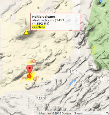 Epicenters of recent earthquakes south of Hekla