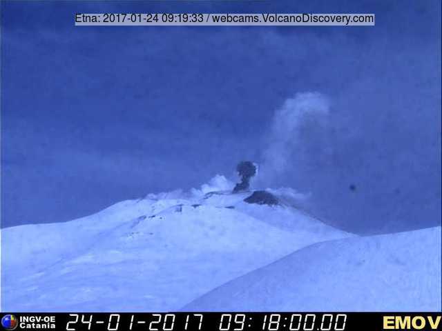 Ash emissions from Etna's SE crater (Montagnola webcam, INGV Catania)