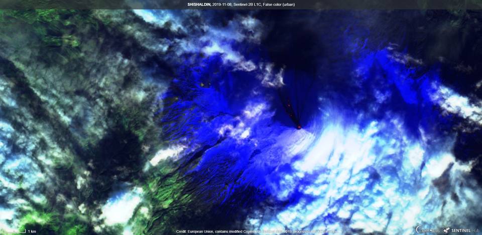 Visible lava from Shishaldin volcano (image: Sentinel 2)