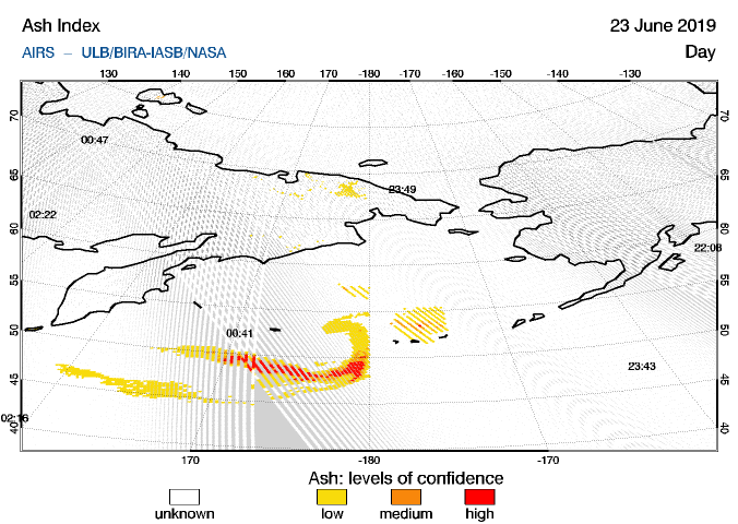 Today's model of the ash plume from Raikoke over the northern Pacific (image: ESA)