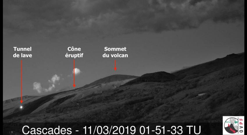 Webcam image from yesterday showing the still-incandescent new lava flows. Credit: OVPF.