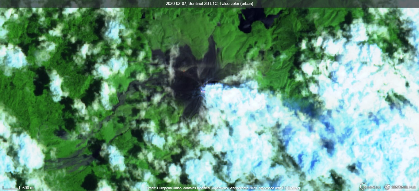 Incandescence from Bagana volcano captured by satellite (image: Sentinel 2)