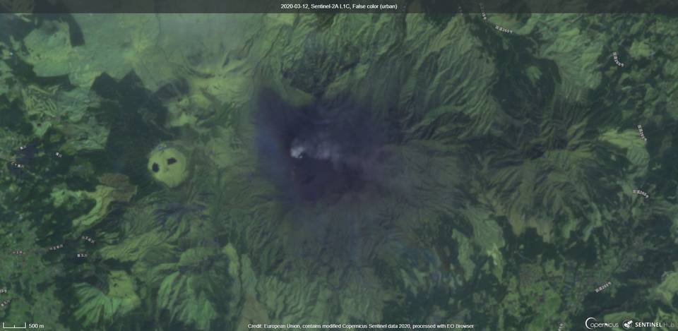 An ash plume from Aso volcano on 12 March (image: Sentinel 2)