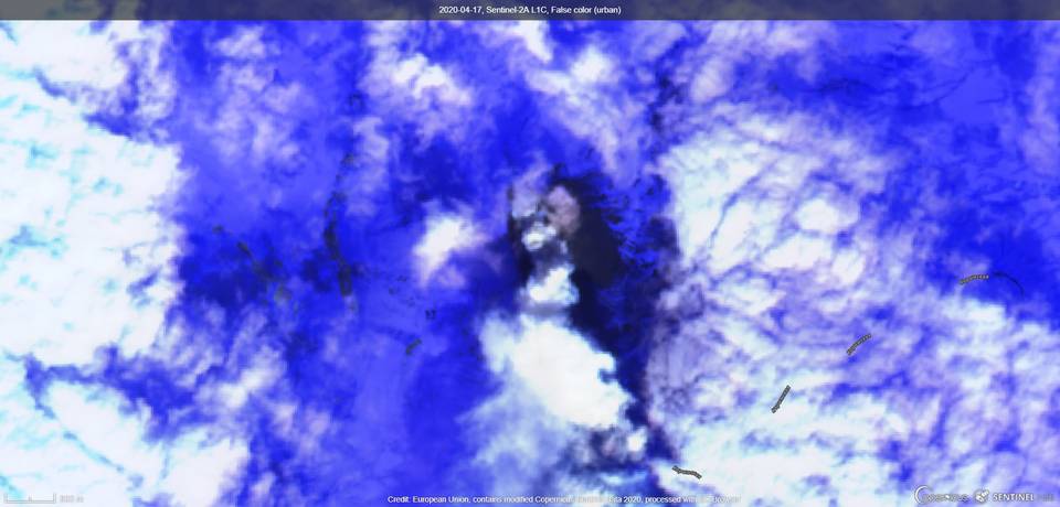 An ash emissions from Karymsky volcano from satellite on 17 April (image: Sentinel 2)