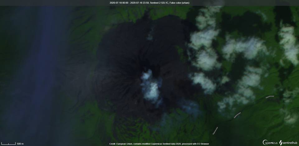 Ash content from Karymsky volcano on 18 July (image: Sentinel 2)