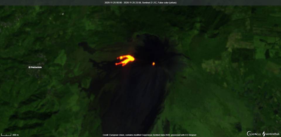 Eruptive fissure generates the lava flow at Pacaya volcano from satellite yesterday (image: Sentinel 2)
