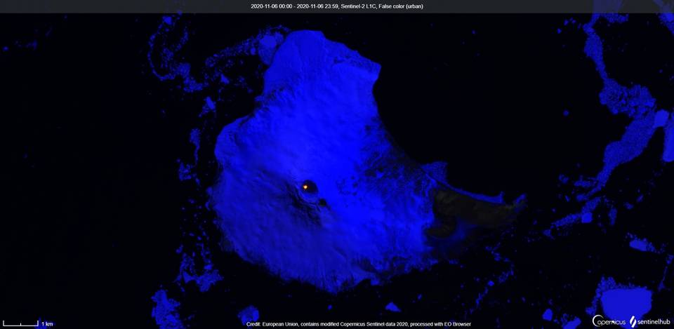 A thermal anomaly in the summit crater at Michael volcano visible from satellite on 6 November (image: Sentinel 2)