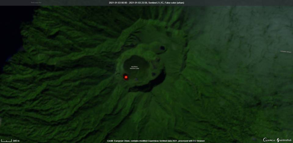 Actively growing lava dome associated with elevated surface temperature visible from space (image: Sentinel 2)