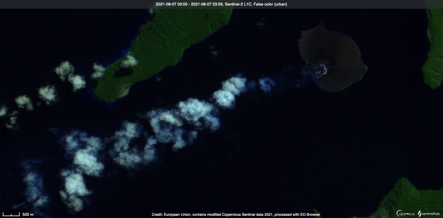 This morning's Sentinel-2 image in false color showing the island of Anak Krakatau and the steam plume and thermal anomaly from the crater lake