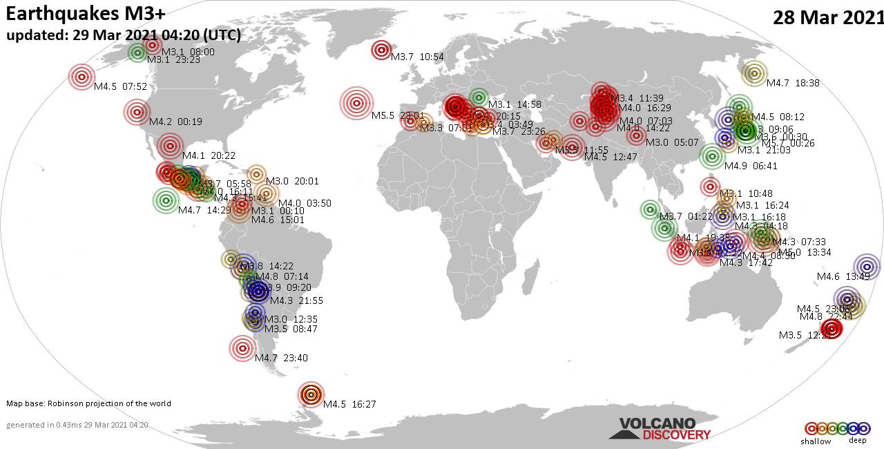 World Earthquake Report for Sunday, 28 March 2021