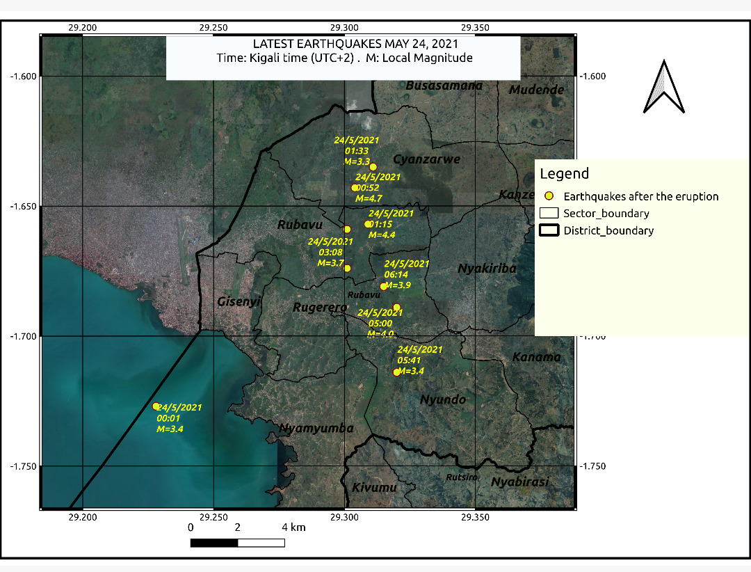 Earthquakes detected near Nyiragongo on 24 May (source: www.rmb.gov.rw)