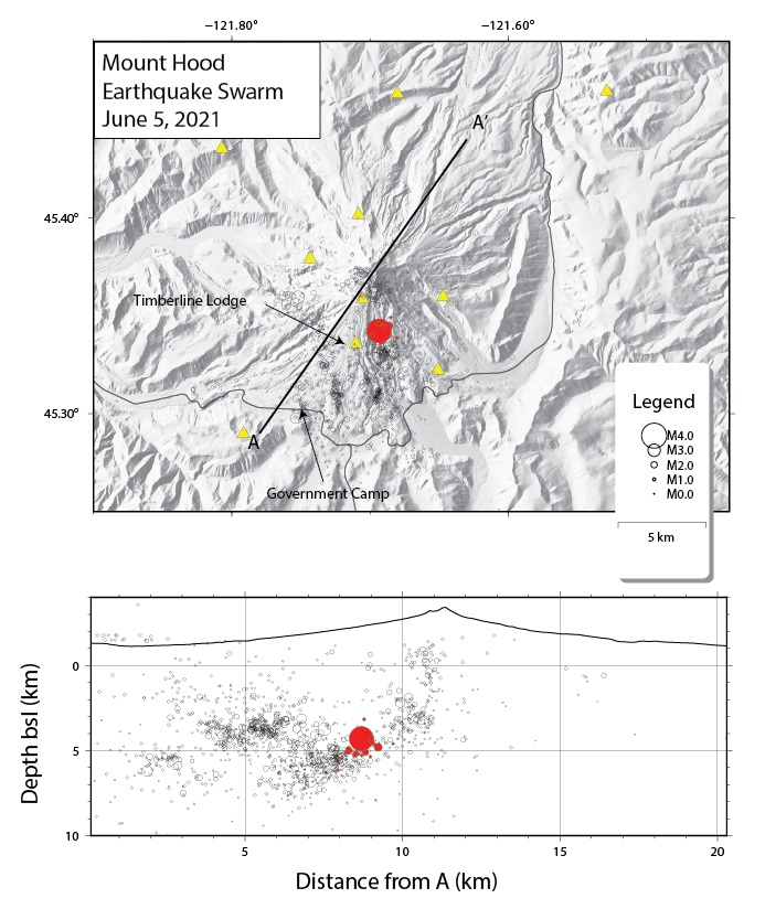 Earthquakes from 5 June shown with red circles, yellow triangles are seismic stations (image: CVO)