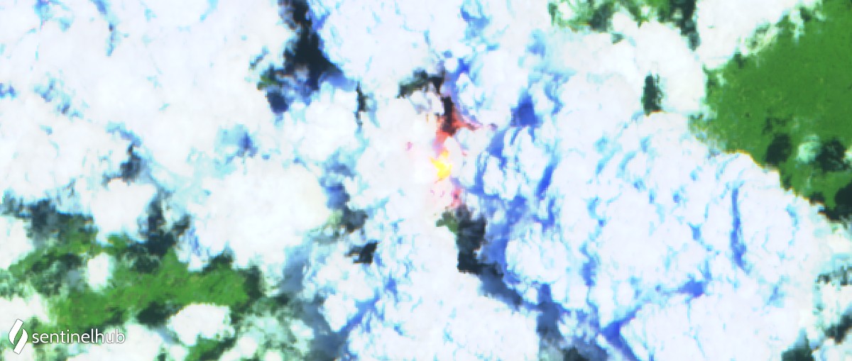 Partially visible glowing lava lake in the summit crater from satellite today (image: Sentinel 2)