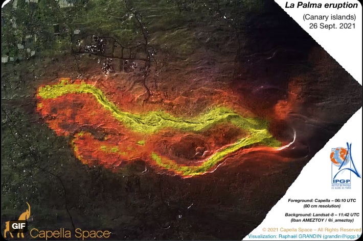 Two lava flows (yellow) detected in infrared satellite image