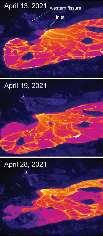 A thermal comparison of the active surface lava over the past two weeks. (Image: Matt Patrick, USGS-HVO)