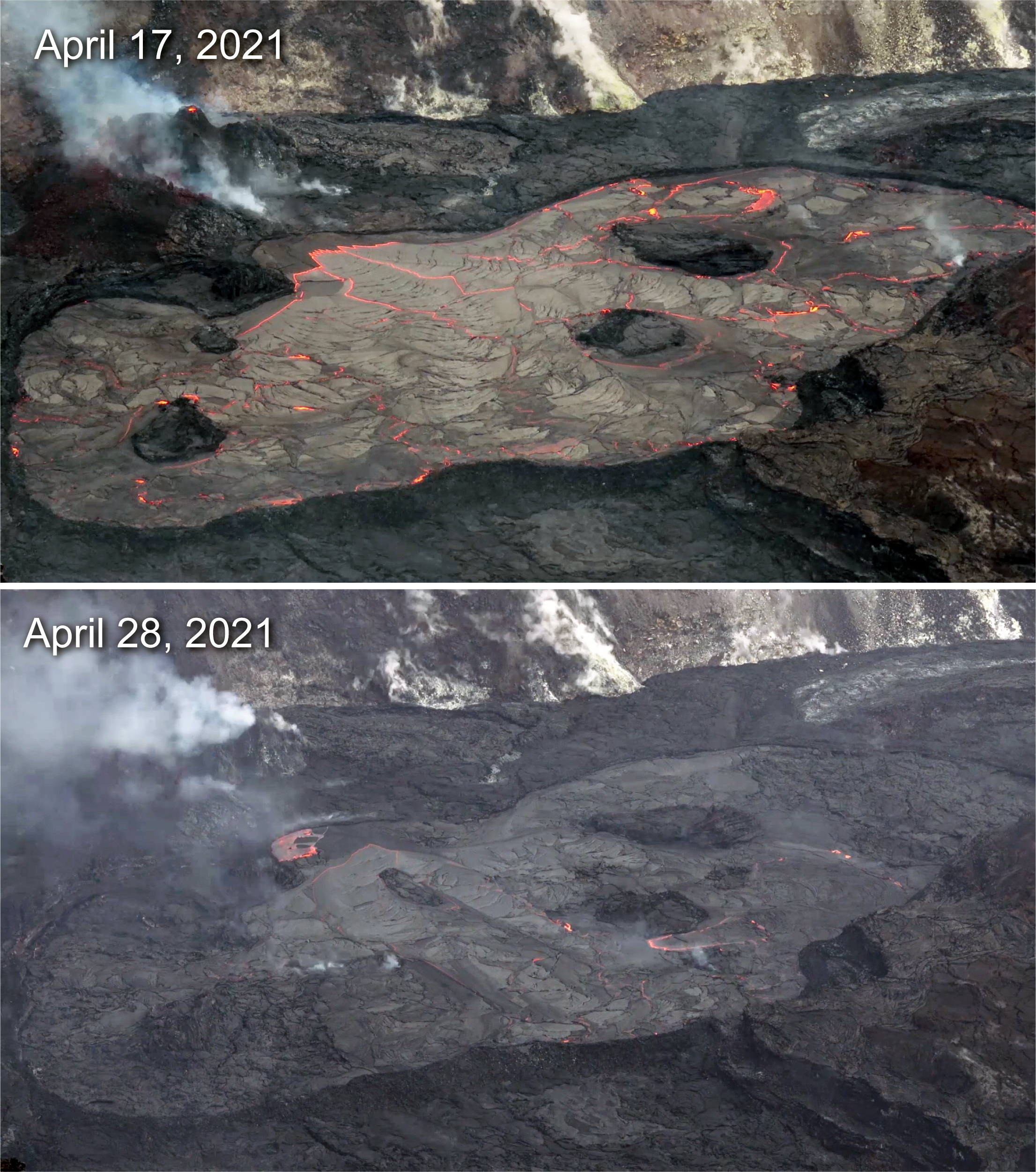 A visual comparison of the area of active surface lava over the past two weeks. (Image: Matt Patrick, USGS-HVO)