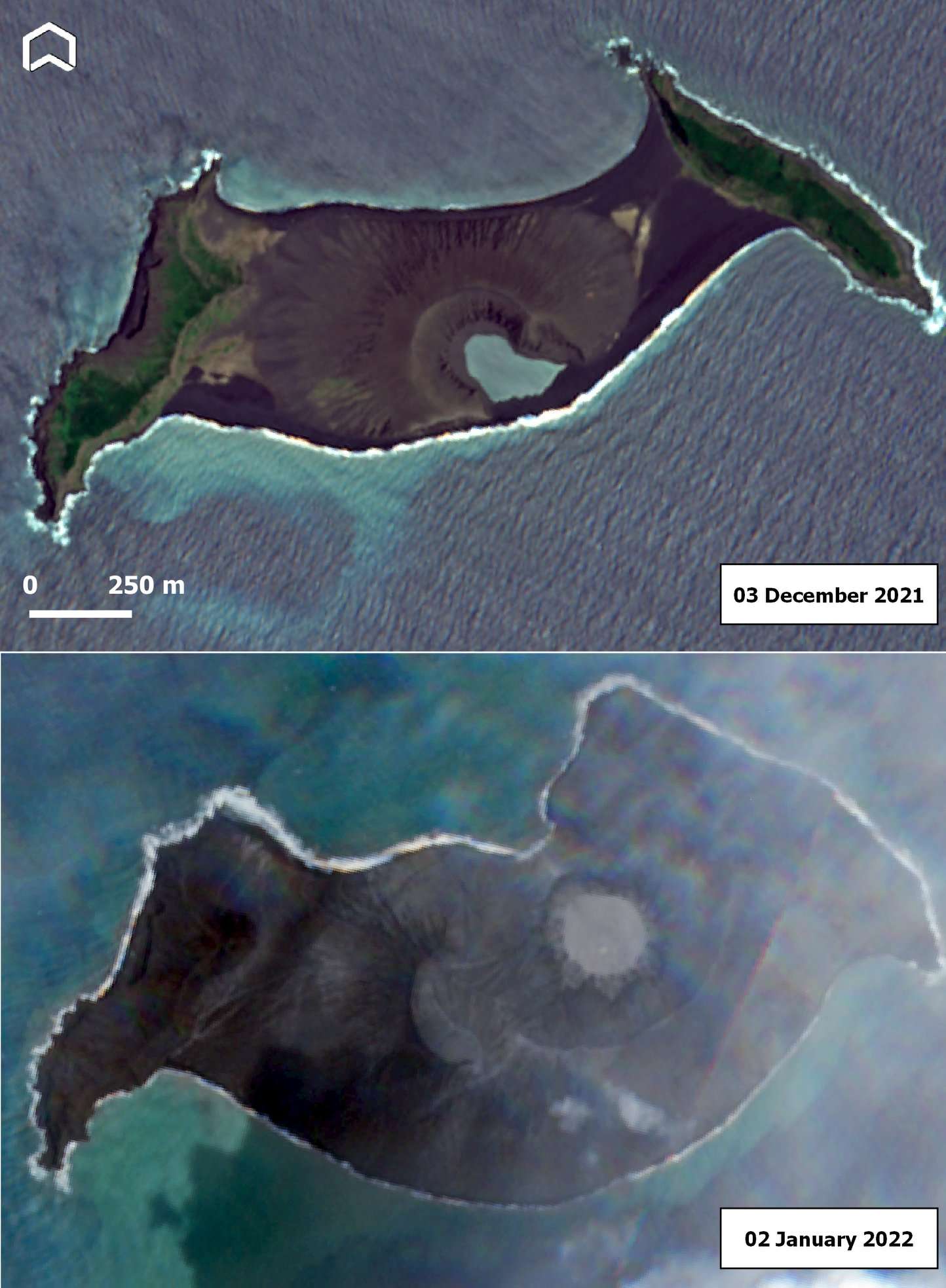 New cone visible from satellite on 2 January and comparison to the image from 3 December (image: @PlatformAdam/twitter)