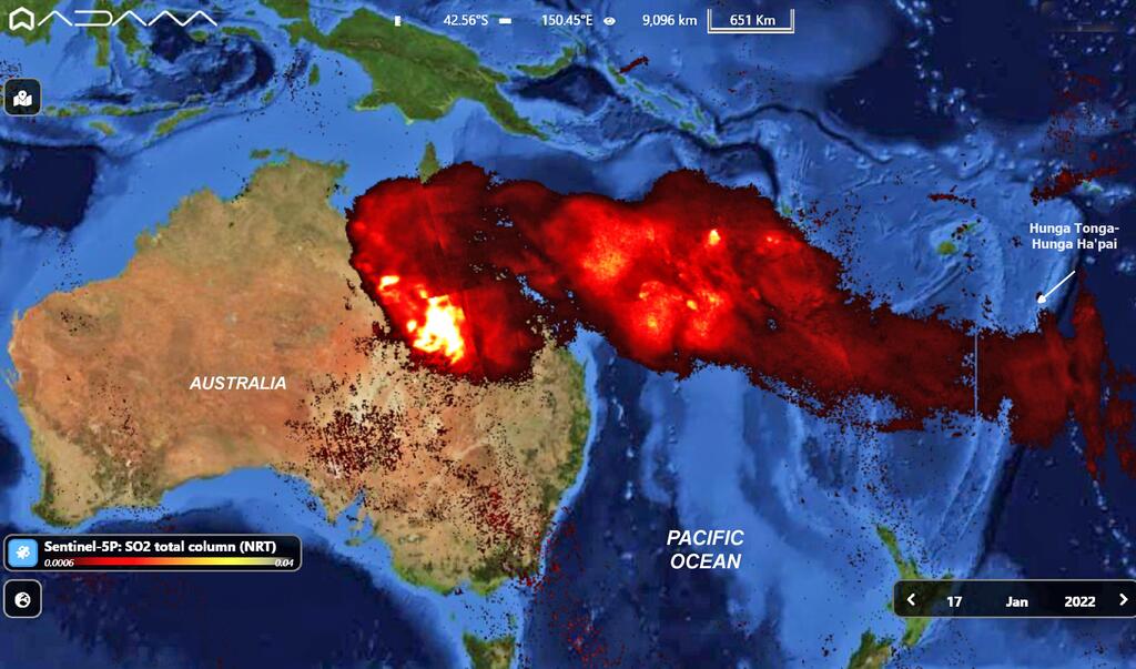 SO2 emissions have been traveling along the southern hemisphere and reached Australia today (image: ADAM Platform)