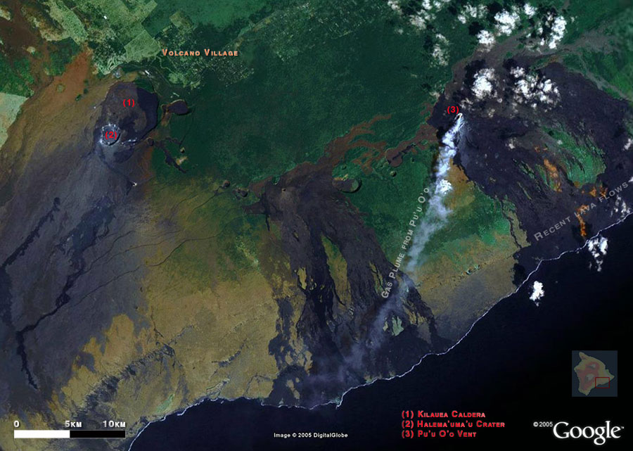 Satellite photo of Kilauea volcano, showing the summit caldera and parts of its east rift zone with the active vent Pu'u 'O'o.