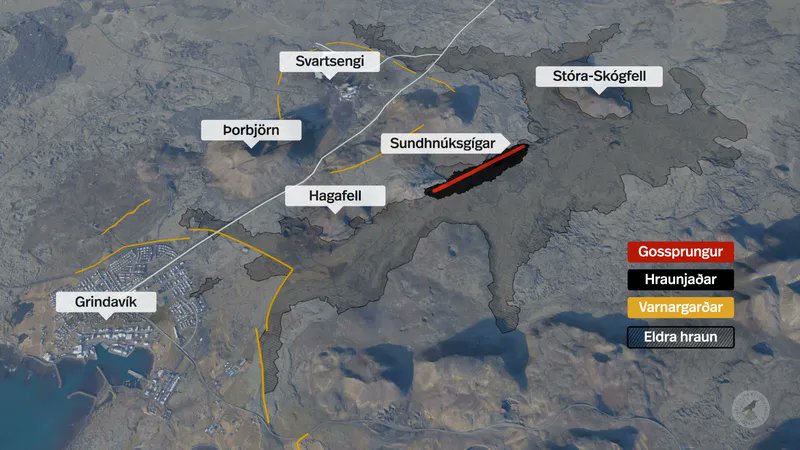 Den nuværende placering af den nye eruptive sprække (billede: RÚV.is)