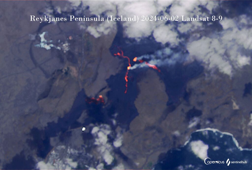 Termiske anomalier indikerer lavastrømme og askekegler som set på udbrudsstedet fra rummet den 2. juni (billede: Landsat 8-9)