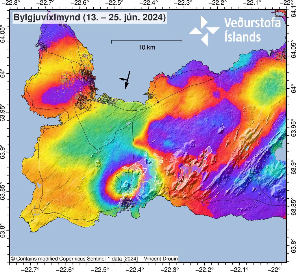 Ændringer i lodret jordposition af Reykjanes-halvøen mellem 13.-25. juni 2024 (billede: Veðurstofa Íslands)