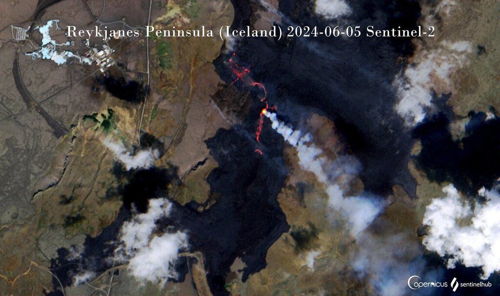 Lavastrømmen sivede ud mod syd den 5. juni (billede: Sentinel-2)