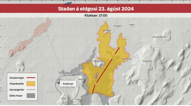 Et opdateret lavastrømskort fra kl. 17 lokal tid i går: den røde linje repræsenterer eruptive sprækker, det gule område viser det aktive lavastrømningsfelt, og det grå viser tidligere lavastrømme (billede: ruv.is)