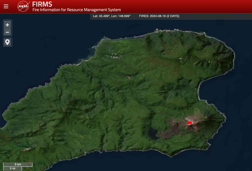 Heat source at the summit of Medvezhia volcano on Iturup Island detected by NASA's global fire detection system FIRMS