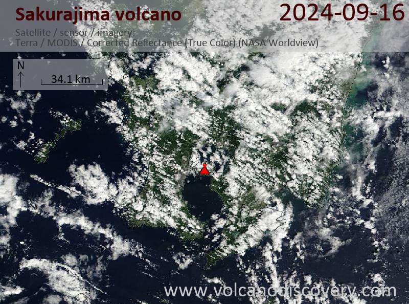 Satellite image of Sakurajima volcano on 16 Sep 2024