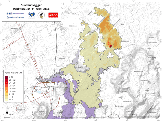 Kortet illustrerer omfanget og tykkelsen af ​​lavastrømningsfeltet skabt under det seneste udbrud (billede: Islandsk Met Office)