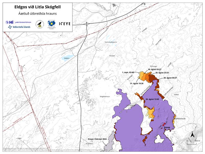 Kortet, behandlet af ICEYE-virksomheden, illustrerer lavafeltets udvikling mellem 26. august og 1. september (billede: IMO)