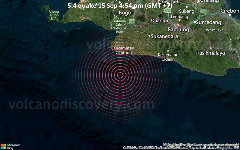 Gempa bumi berkekuatan 5,4 skala Richter mengguncang 91 km selatan Pelabuhanratu, Indonesia pada sore hari