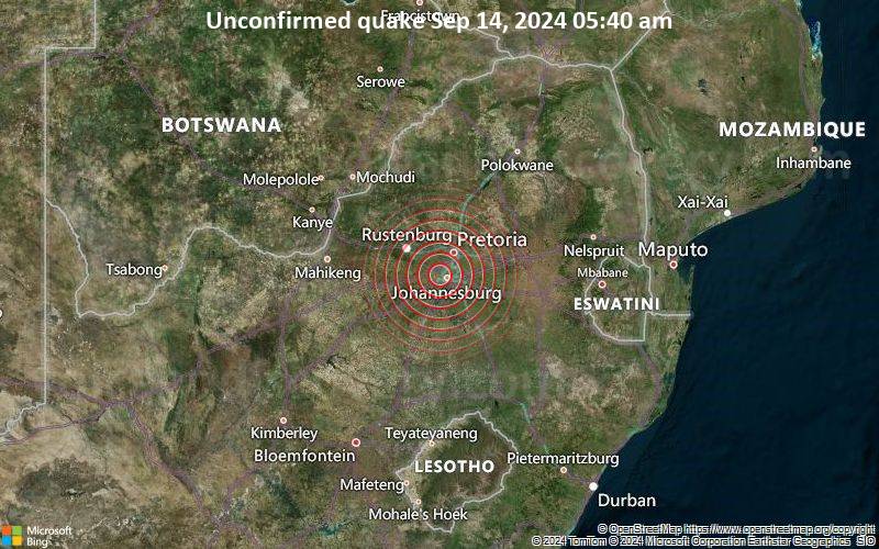 Seismic-like event, possible earthquake, reported few minutes ago near Johannesburg, Gauteng, South Africa