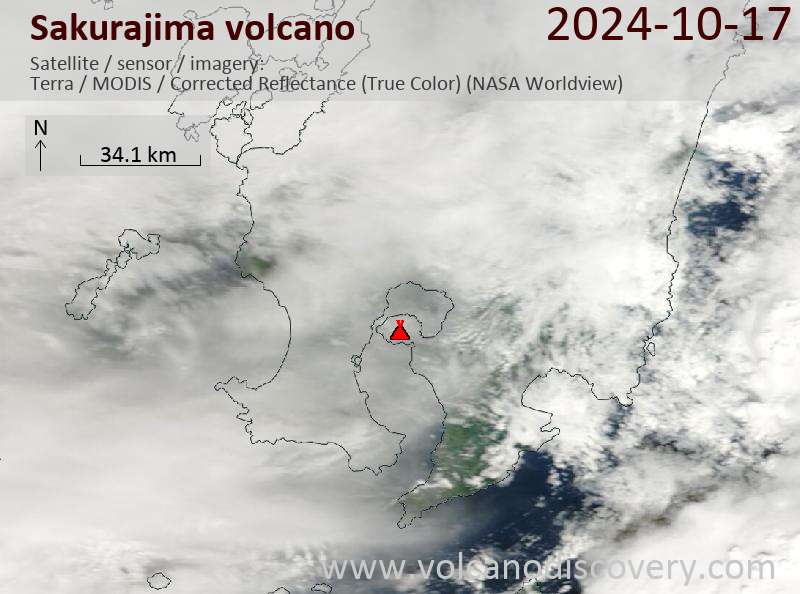 Satellite image of Sakurajima volcano on 17 Oct 2024