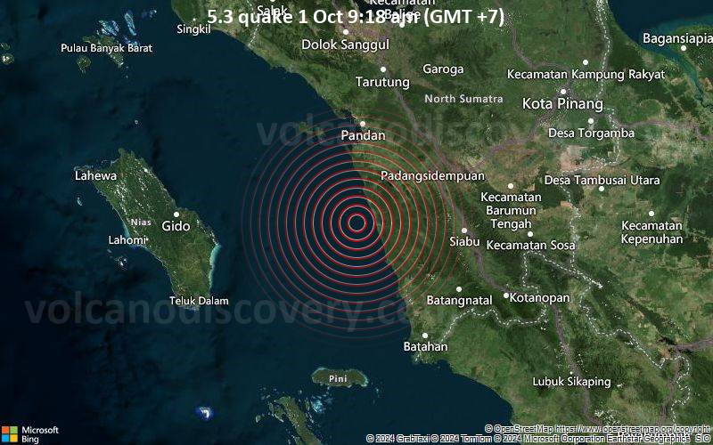 Gempa berkekuatan 5,3 terjadi di dekat Padangsidempuan, Sumatera Utara, Indonesia