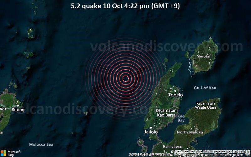 Gempa berkekuatan signifikan 5,2 melanda 106 km barat laut Tobelo, Indonesia pada sore hari