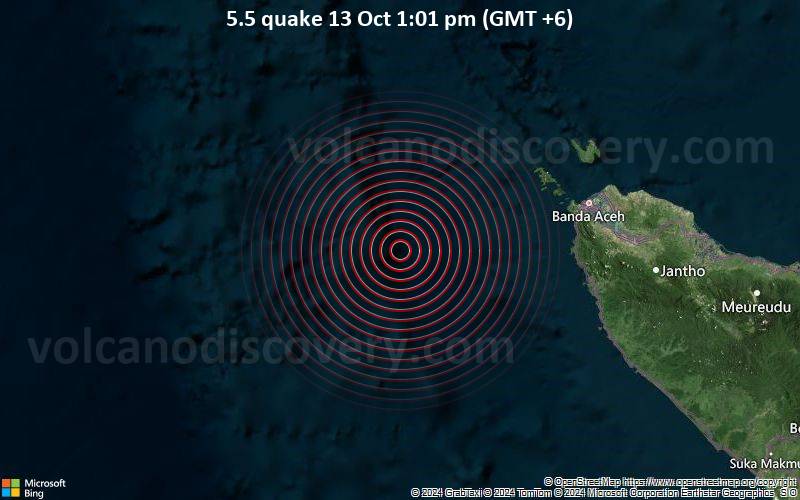 Gempa berkekuatan signifikan 5,5 terjadi 120 km barat daya Banda Aceh, Indonesia sekitar tengah hari