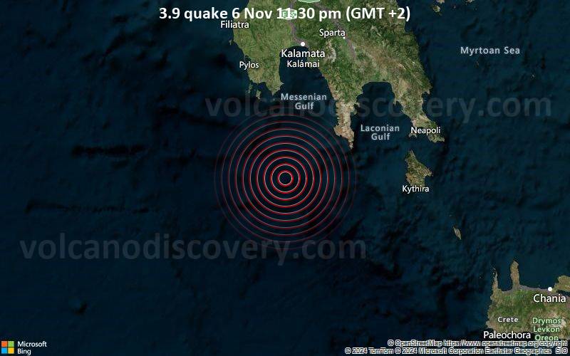 Leichtes Erdbeben der Stärke 3.9 - Greece: 49 Km SW from Gerolimenas Laconia am Mittwoch,  6. November 2024, um 23:30 (GMT +2)
